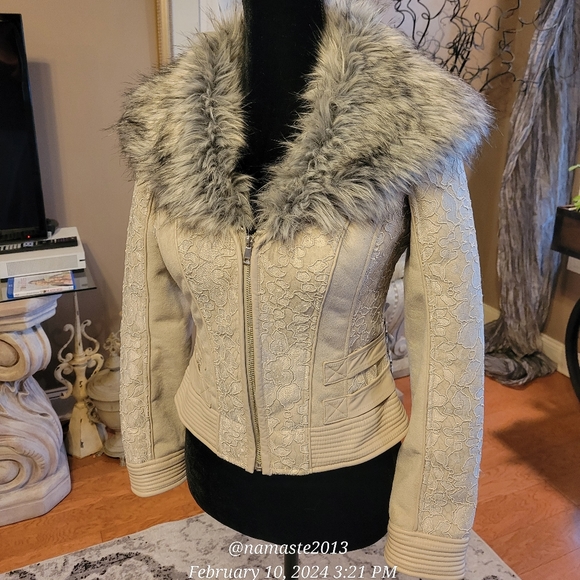 Guess Leather Lace Fur Collar Fur Lined Jacket Designer size